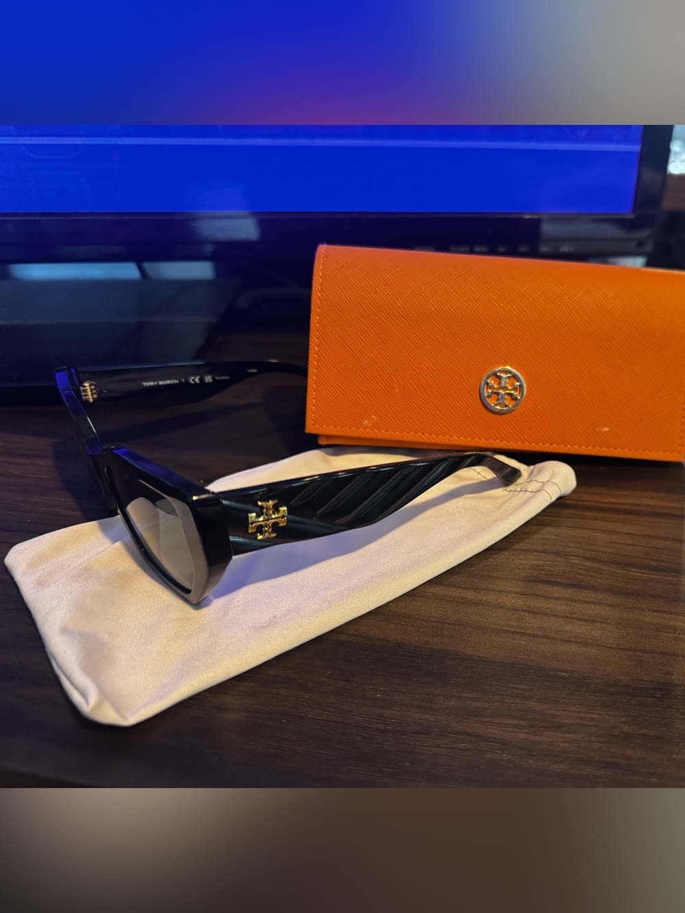 Tory Burch Black Sunglasses with Gold Logo and Orange Case